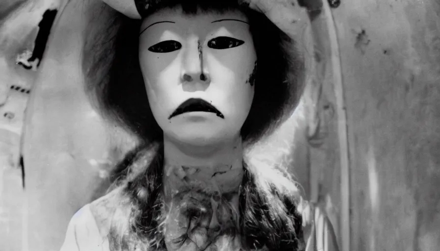 Image similar to 70s movie still close-up portrait of a white female japanese phantom with a taxidermic bloody jaws and esoteric dress in a liminal space style tunnel, early black and white 8mm, heavy grain, low quality,