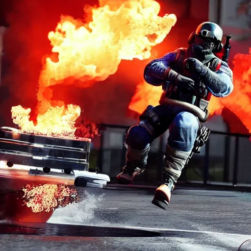 Image similar to Montagne from Rainbow Six Siege riding a hoverboard leaving behind a trail of flames and explosions