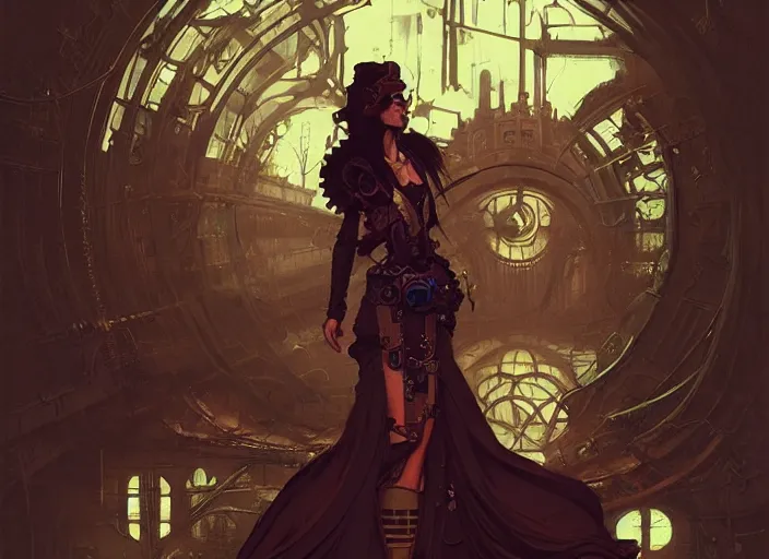 Image similar to woman model, steampunk!!! and modern, rgb, scary!!!! sewers!!!, backlit, elegant, highly detailed, digital painting, artstation, concept art, smooth, sharp focus, illustration, art by krenz cushart and artem demura and alphonse mucha