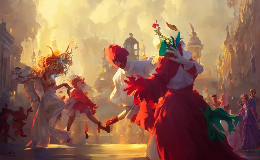 Image similar to the enchanted venice carnival dream with dancing masked people, behance hd artstation by jesper ejsing, by rhads, makoto shinkai and lois van baarle, ilya kuvshinov, ossdraws