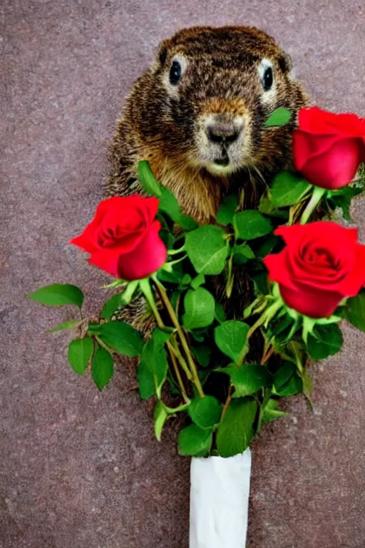 Image similar to groundhog with bouquet of roses photo portrait valentine's day