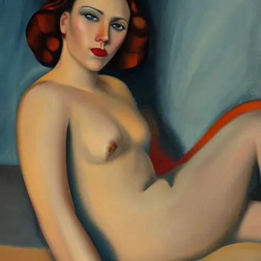 Image similar to painting of Scarlett Johansson bathing, style of Tamara de Lempicka