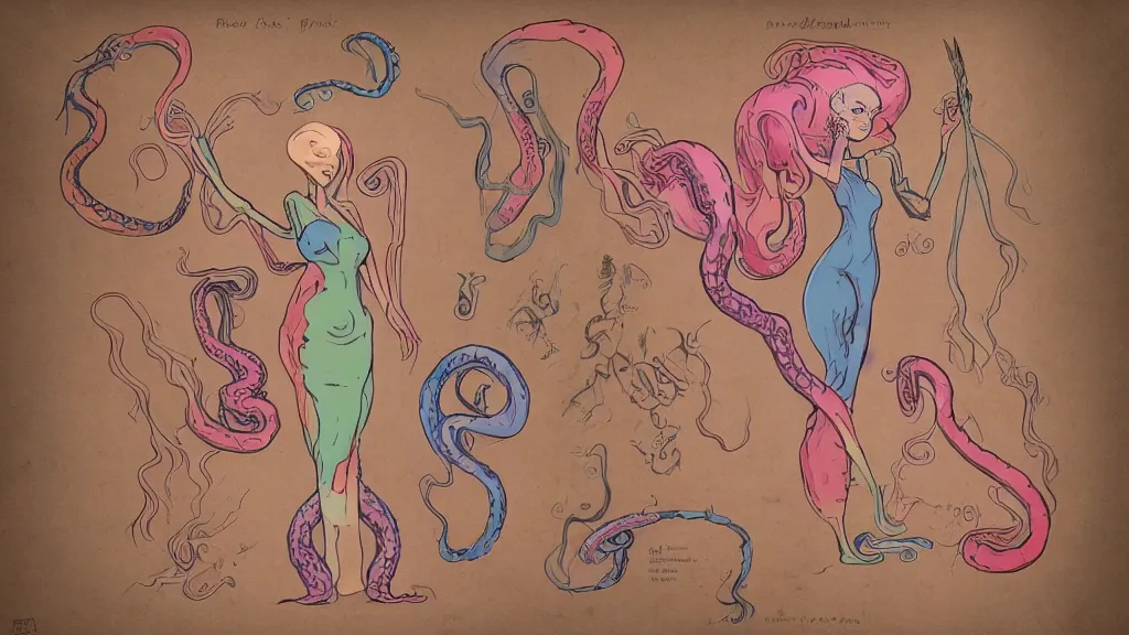 Prompt: aged paper, colorful character sheet for a stocky alien extraterrestrial female servant maid with thick snake - like tentacles instead of hair, long dress with apron, roger dean, coherent, illustration, digital art, trending on artstation, hd, 8 k, good lighting, beautiful, rough paper, masterpiece