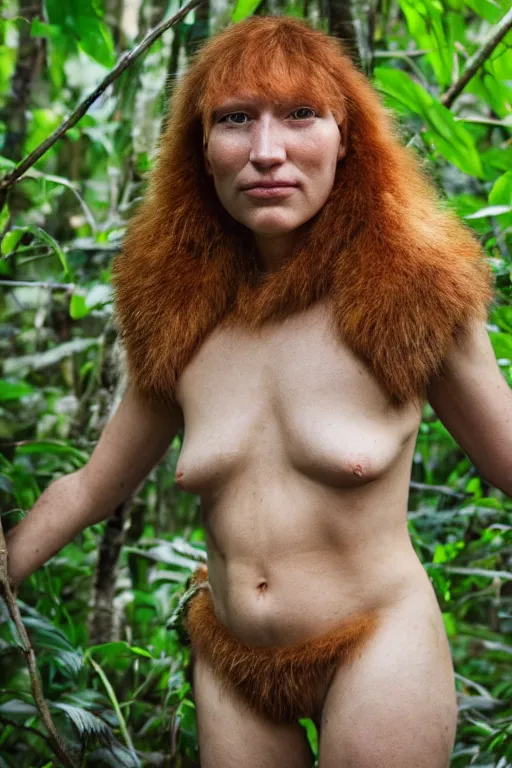 Prompt: a professional portrait photo of a neanderthal woman in the tropical jungles, ginger hair and fur, extremely high fidelity, natural lighting, national geographic magazine cover.