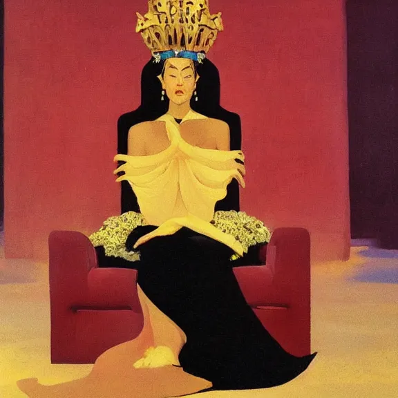 Image similar to an oil painting of a queen in a black funeral dress sitting on a throne, by bruce pennington, by ( eyvind earle ), nicholas roerich, by frank frazetta, by georgia o keeffe, by dean cornwell