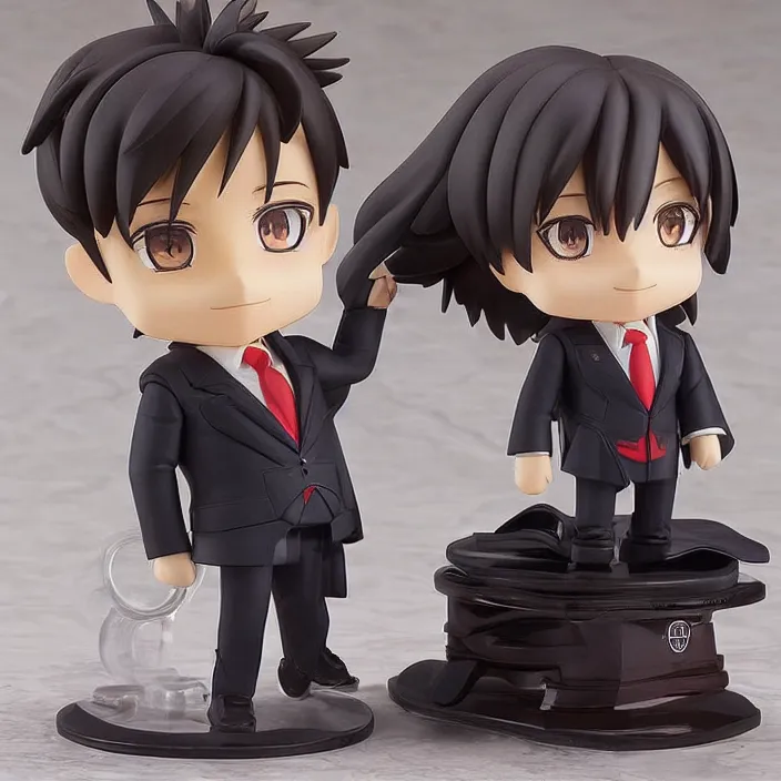 Image similar to a anime nendoroid of elon musk wear giorgio armani suits and black shoe, car tesla 3, figurine, smile, product photo, detailed