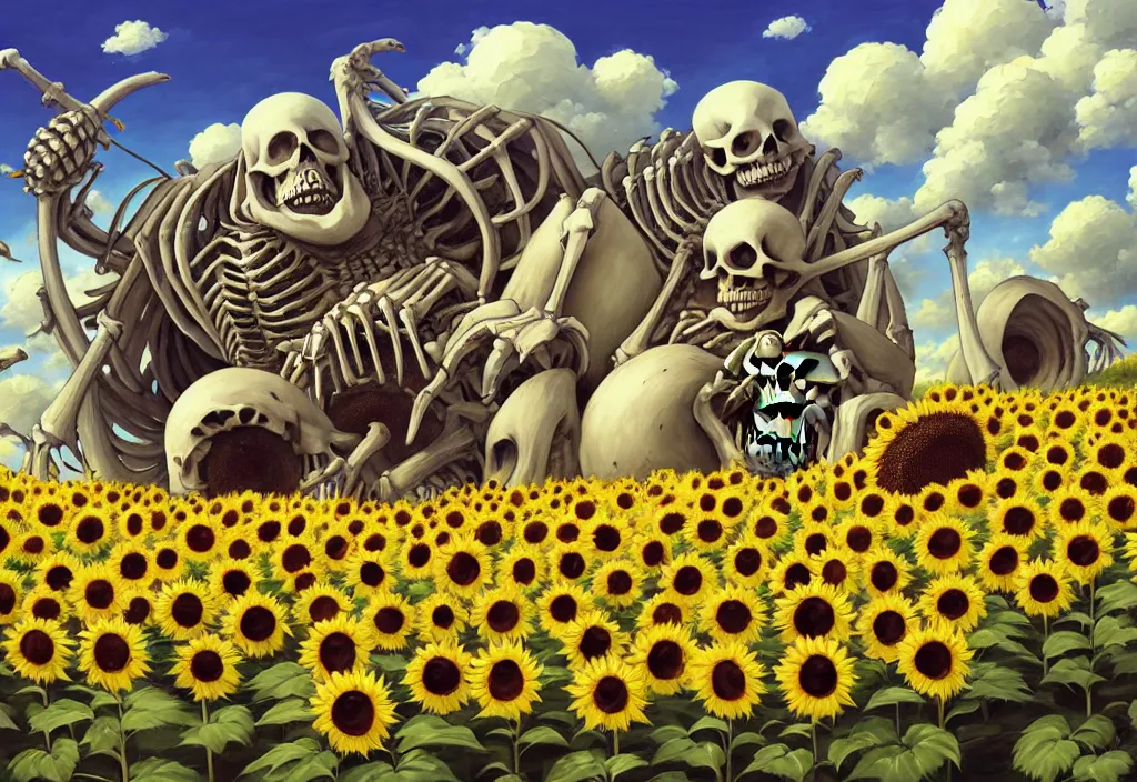 Image similar to chubby giant monster bones and skeletons in the countryside with sunflower in the foreground, intricate oil painting, high detail illustration, sharp high detail, manga and anime 1 9 9 9, official fanart behance hd artstation by jesper ejsing and makoto shinkai, 4 k,