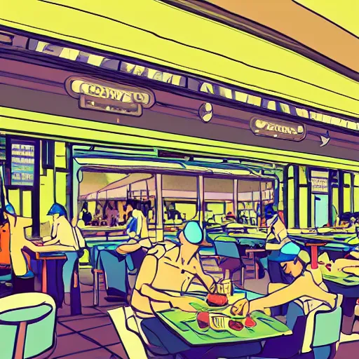 Prompt: A hawker centre in the style of Syd Mead