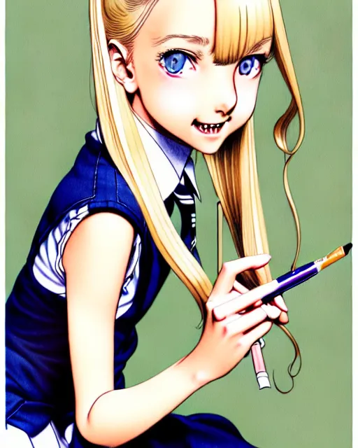 Prompt: illustration depicting a wealthy young mischievous female prep school student with medium length bright blonde hair and pale skin, in an old study room smoking her dad's cigarettes, complex artistic color ink pen sketch illustration, subtle detailing, illustrated by Artgerm and Range Murata.