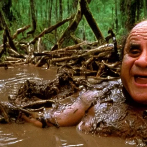 Prompt: cinematic still of danny devito, covered in mud and watching a predator in a swamp in 1 9 8 7 movie predator, hd, 4 k