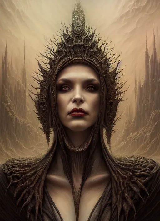 Prompt: closeup portrait shot of a vampire queen in a scenic dystopian environment, intricate, elegant, highly detailed, centered, digital painting, artstation, concept art, smooth, sharp focus, illustration, artgerm, tomasz alen kopera, peter mohrbacher, donato giancola, joseph christian leyendecker, wlop, boris vallejo