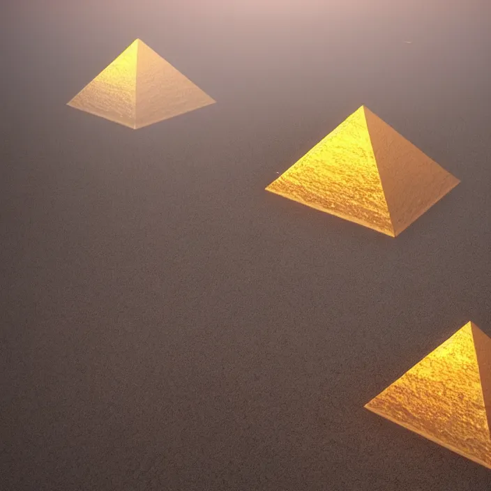 Prompt: a bunch of golden pyramids were thrown on the ground and are laying on dark surface, octane render, bloom effect, unreal engine, sharp focus