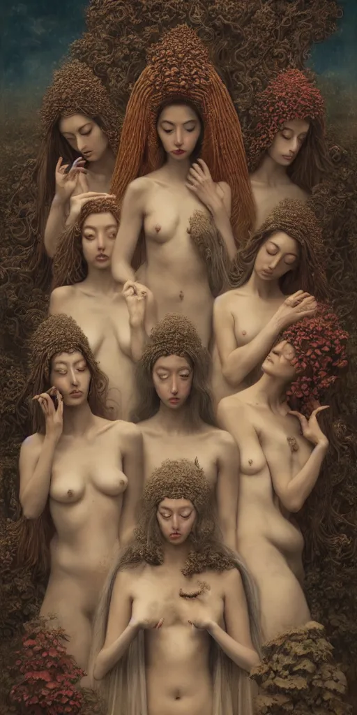 Image similar to the three fates, gemma chen, madison beer, angela sarafyan, pinup, intricate beautiful faces, surrealistic painting by agostino arrivabene, vanessa beecroft, anka zhuravleva, mary jane ansell, peter mohbacher, gerald brom