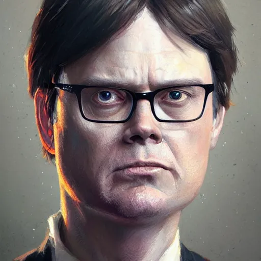 Image similar to hyper realistic, portrait of dwight schrute painted by greg rutkowski, wlop, loish,