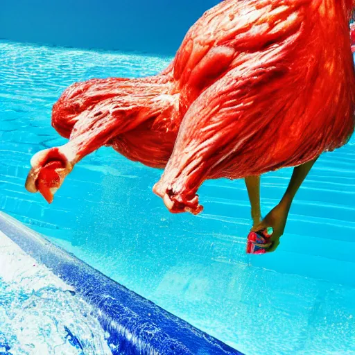 Image similar to photo of an enormous raw chicken emerging from the bottom of a waterslide at a water park on a sunny day in the style of a coca cola ad