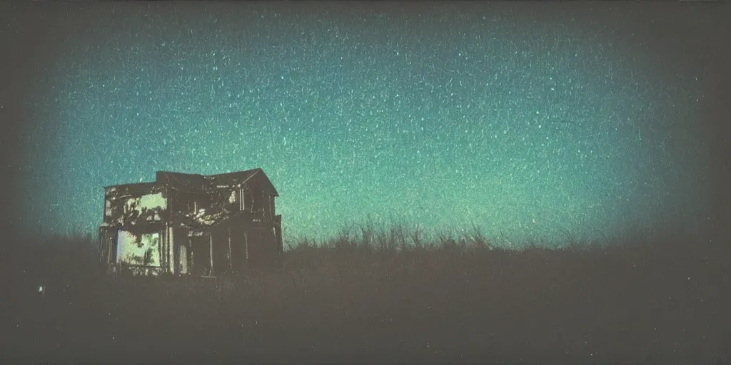 Image similar to polaroid photo of an abandoned house on a wasteland, colourful starry sky, slight color bleed, grain