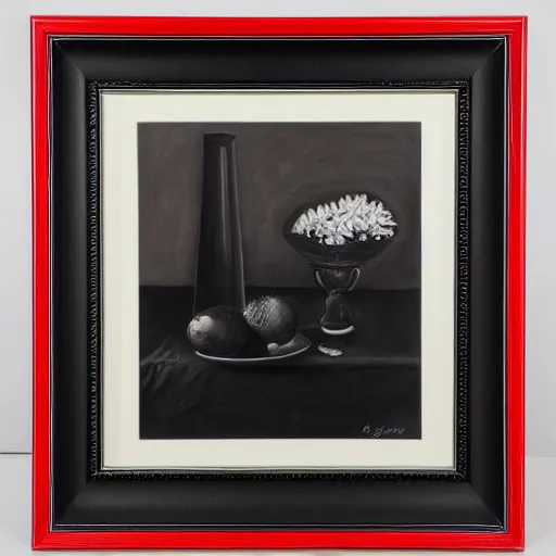 Image similar to a black and white nature morte painting in a bright red frame