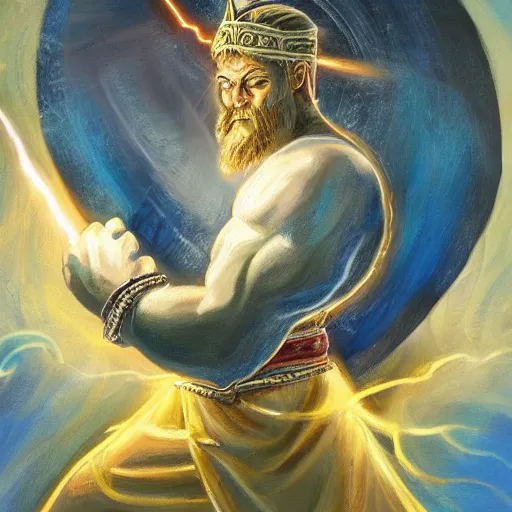 Prompt: a beautiful painting of a viking God with fist held high being struck by lightening. This lightening gives him strength and makes his aura glow. He has a great sword which he wields with one hand. 8k, rich pastel color palette, masterpiece, 4k post
