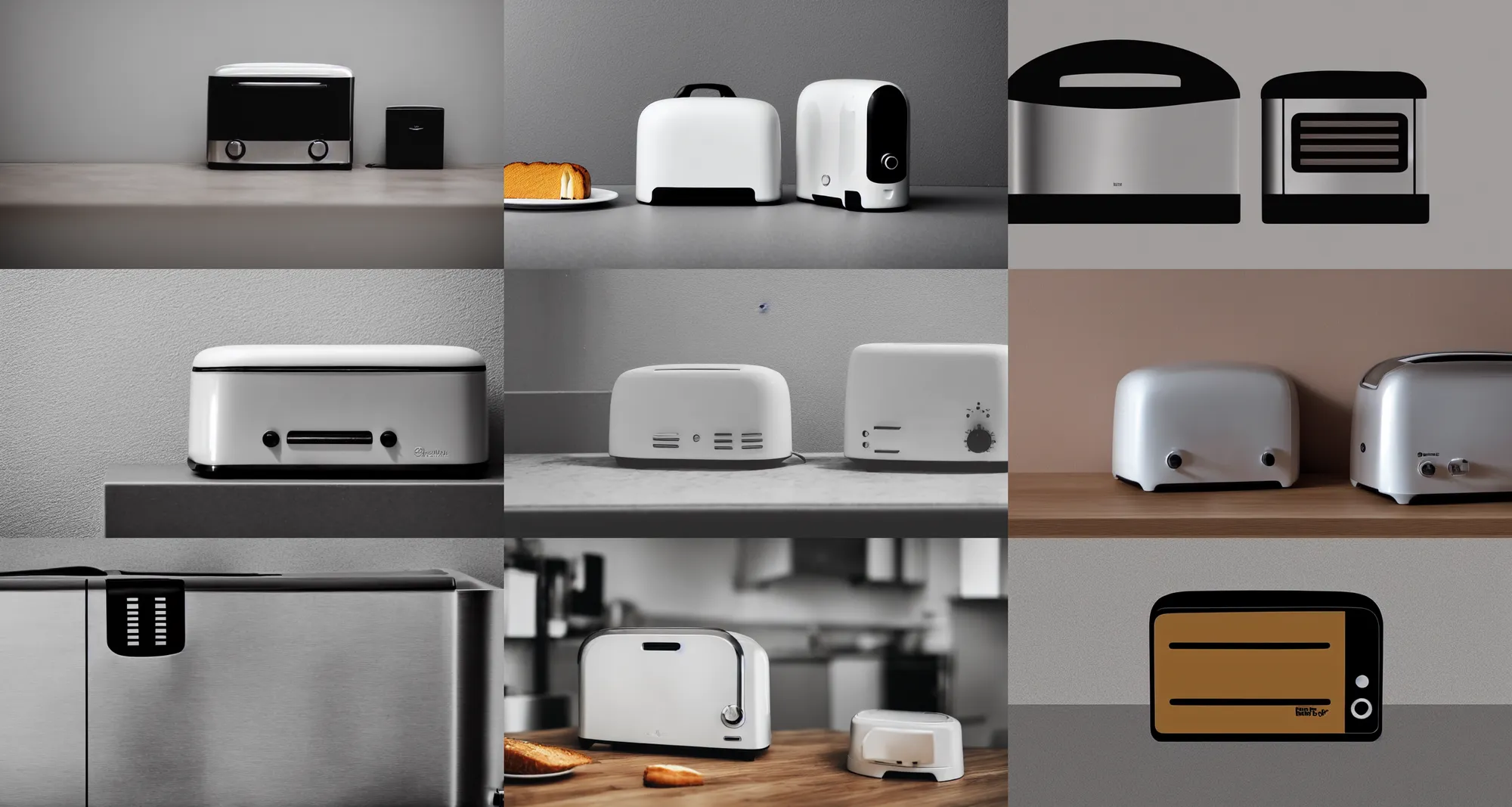 Prompt: flat low contrast image of a toaster in a minimal kitchen