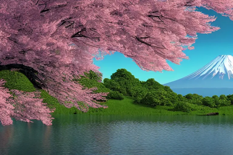 Image similar to mount fuji, view from behind lake, sunny morning, photorealistic landscape, 8 k, octane render, standing under blossoming cherry trees