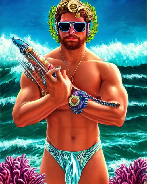 Prompt: synthwave outrun art - deco artdeco greek god poseidon wearing sunglasses and a laurel wreath | highly detailed | very intricate | symmetrical | cinematic lighting | award - winning | closeup portrait | 8 0 s nostalgia | crashing waves, stormy ocean in the background | painted by donato giancola and mandy jurgens and charlie bowater | featured on artstation