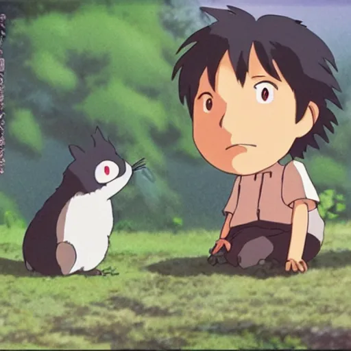 Prompt: kind guy and small friendly creature looking at each other, made by Studio Ghibli detailed art, beautiful scene, , sharp focus, smooth,