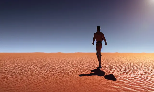 Image similar to a man made of water walking in the sahara, photorealistic, cinematic lighting, 8 k, extremely detailed