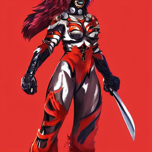 Image similar to a woman with tiger mask and a sword standing in front of a red background, concept art by evan jiang, senior character artist, artstation contest winner, vanitas, concept art, artstation hd, official art