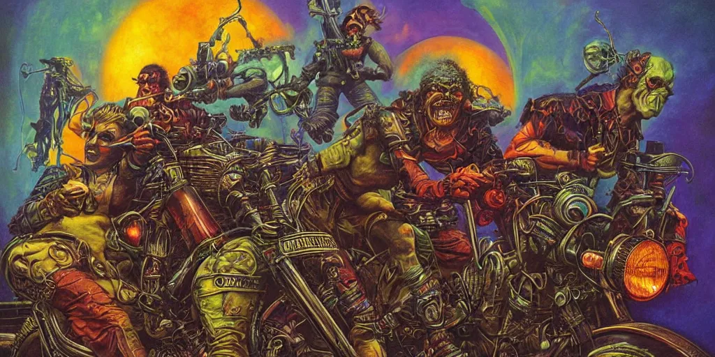 Image similar to psychedelic post apocalyptic orc biker gang, sharp focus, psychedelic colors, michael whelan, boris vallejo