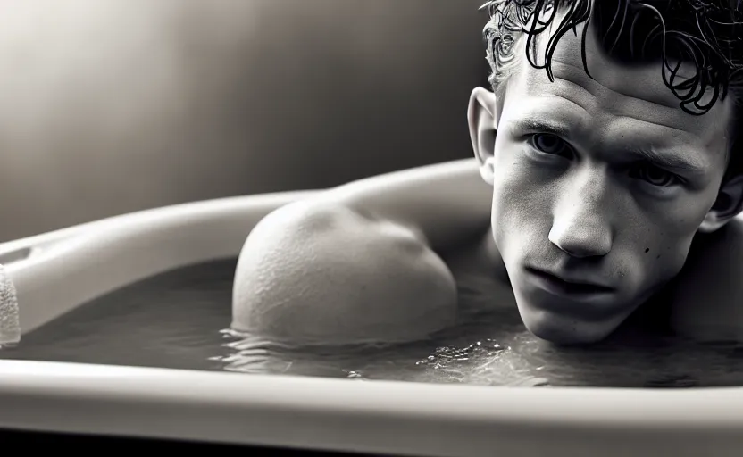 Image similar to photographic portrait by Andy Gotts of Tom Holland in a hot tub, closeup, foggy, sepia, moody, dream-like, sigma 85mm f/1.4, 15mm, 35mm, 4k, high resolution, 4k, 8k, hd, full color