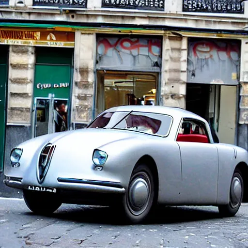 Prompt: a 1955 citreon ds car in a cyberpunk paris street with neons