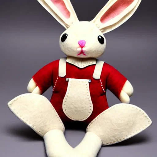 Image similar to a cute elegant felt plush doll of a rabbit wearing overalls detailed highly realistic