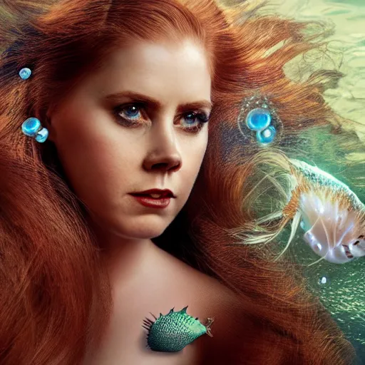 Prompt: amy adams portrait, fantasy, mermaid, hyperrealistic, game character, underwater, highly detailed, sharp focus, cinematic lighting, pearls, glowing hair, shells, gills, crown, water, highlights, starfish, jewelry, realistic, digital art, pastel, magic, fiction, ocean, king, colorful hair, sparkly eyes, fish, heroic, goddess, waves, bubbles, queen