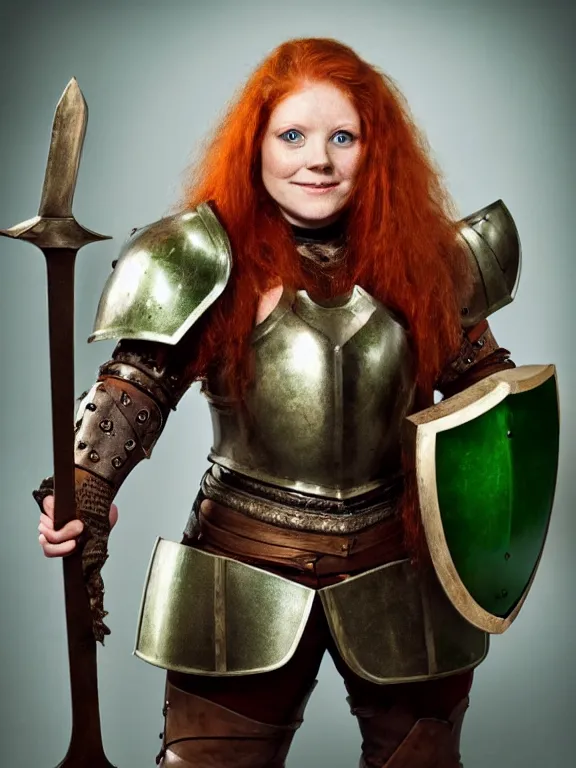 Image similar to dwarven woman, ginger hair, green eyes, holding hammer and shield with plate armour