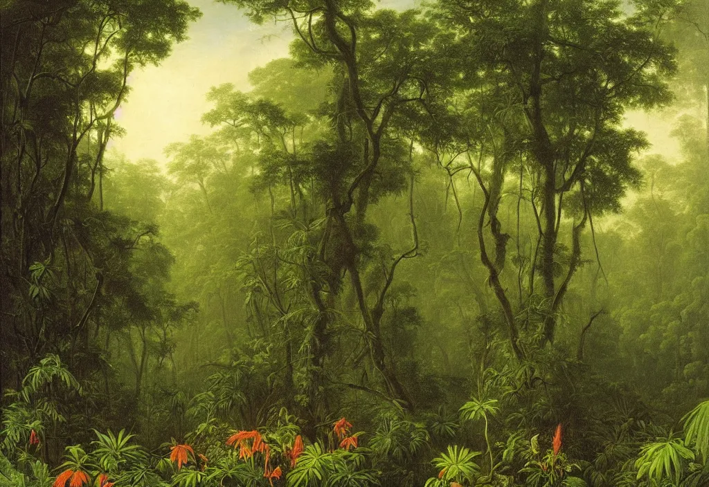 Prompt: a detailed botanical landscape painting of a flowering plant in the forest jungle, painting by martin johnson heade, high humidity rainforest weather