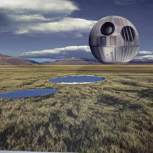 Image similar to Wideshot landscape of an imaginary land reflected by the death star