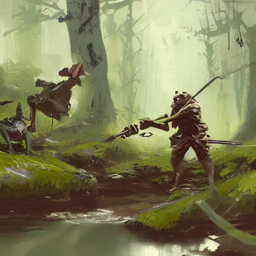 Prompt: concept art of a frog warrior battling a squirrel warrior near a stream, by ismail inceoglu,