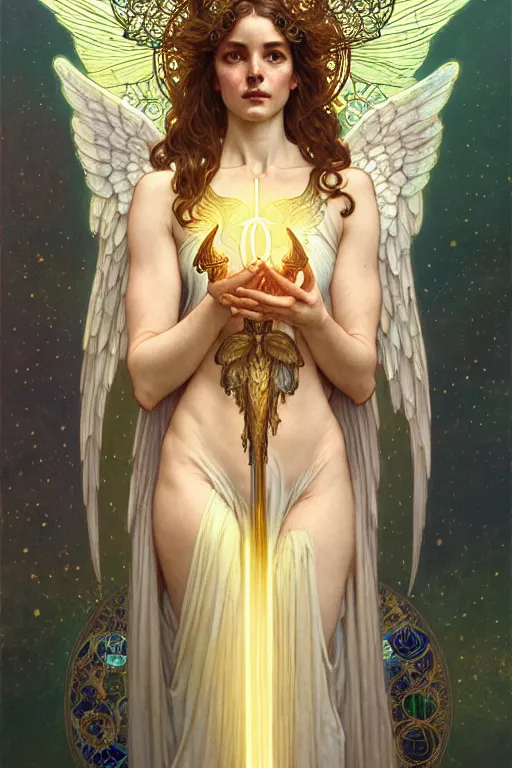 Image similar to Tarot card of an angel girl with glowing halo and highly detailed intricate wings, art nouveau, fantasy, intricate, elegant, highly detailed, digital painting, artstation, concept art, smooth, sharp focus, illustration, art by Krenz Cushart and Artem Demura and alphonse mucha