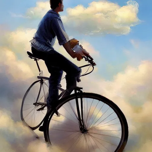 Image similar to A man riding his bicycle through the clouds in the sky, evokes feelings of wonder and amazement, an expressive oil painting by Wes Wilson and Krenz Cushart