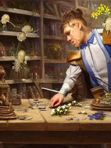 Prompt: a magical male socerer, working in a table with rare artifacts. weeds and flowers growing on the floor. intricate, elegant, highly detailed, digital painting, artstation, concept art, sharp focus, illustration, by justin gerard and artgerm, 8 k