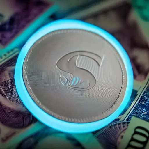 Prompt: a futuristic glowing blue banknote of currency with an alien symbol on the front