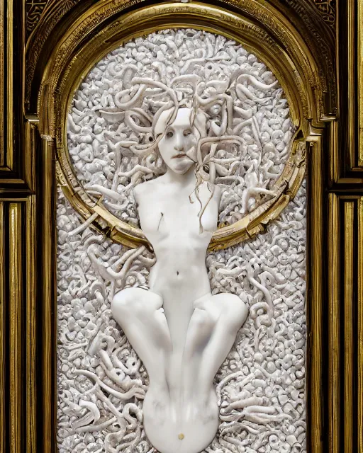 Image similar to symmetry, intracate white marble bas relief sculpture of a woman made of crabs, white marble with gold wire inlay, thousands of crabs, thousands of spiders, thousands of tarantulas, highly detailed, intricately detailed, art nuevo, octane, 8 k, hdr, art by hr geiger and ridley scott and alphonse mucha, trending on artstation