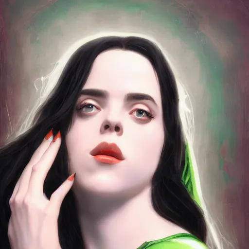 Prompt: Billie Eilish as Loki, Goddess of Mischief, oil on canvas, noir effect, artstation, by J. C. Leyendecker and Edmund Blair Leighton and Charlie Bowater,--width 1600