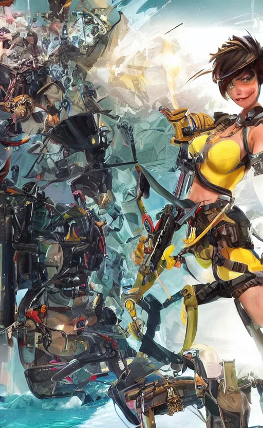 Image similar to tracer game character, in yellow bikini, blonde hair, black eyes, full height