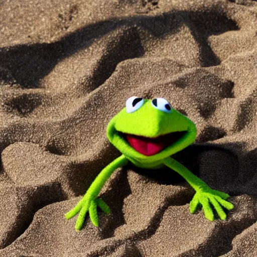 Prompt: Kermit the frog tanning on the beach photo 4k model hd