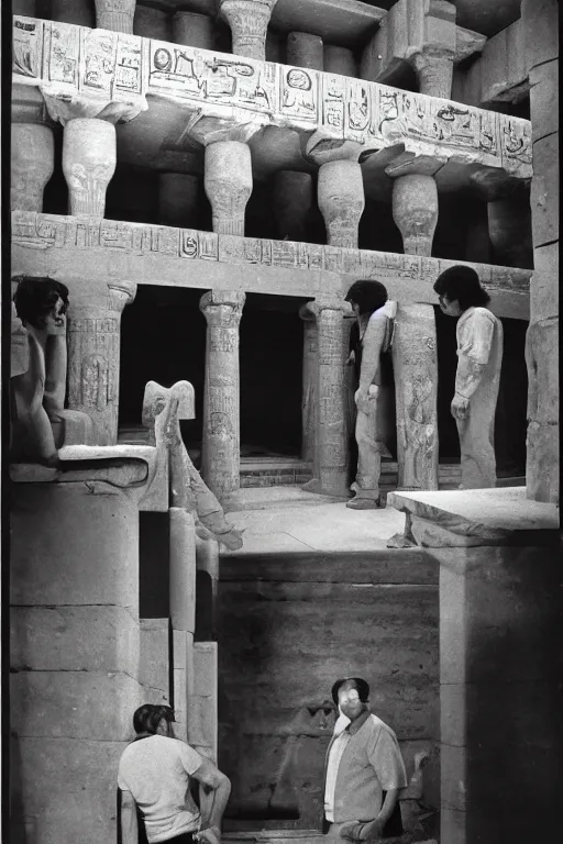 Prompt: magazine article about a videogame arcade in an egyptian temple, photojournalism, 1980s