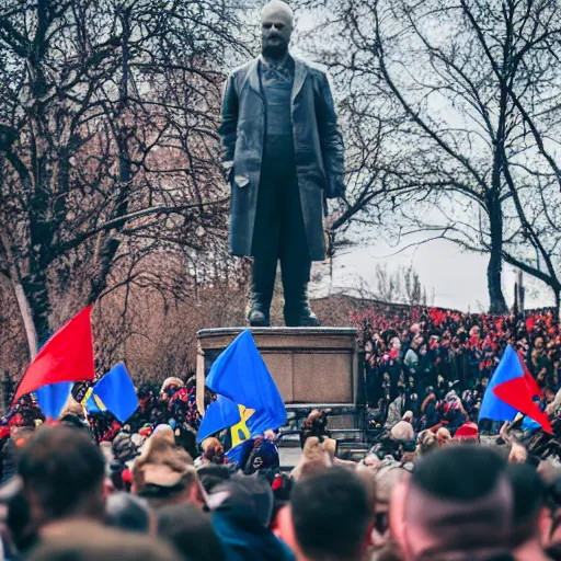 Prompt: a crowd of people with ukrainian flags throw down a statue of vladimir lenin, leica sl 2 5 0 mm, vivid color, high quality, high textured, real life