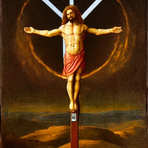 Image similar to Elon musk as jesus christ, crucified on mars, painting in the style of Leonardo Da Vinci