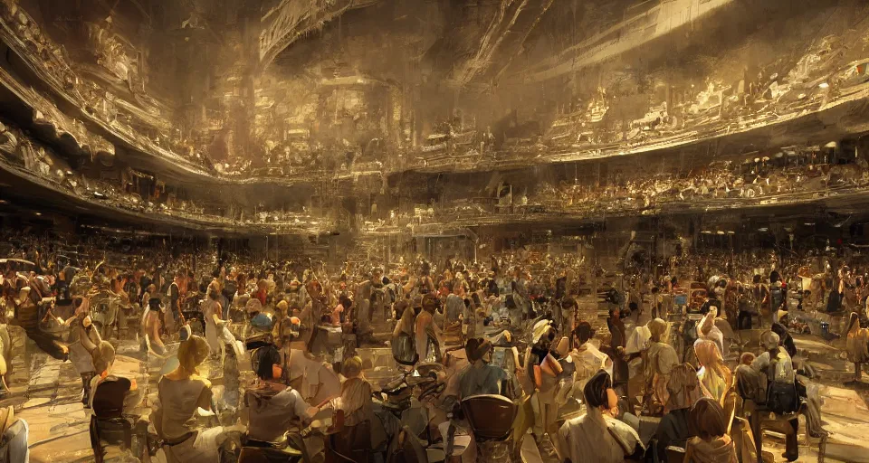Prompt: craig mullins and ghibli digital art of inside the grand theater, a large audience, on the stage, masked female violinists, exotic costumes, gold jewelry, black hair, solo performance unreal engine, hyper realism, realistic shading, cinematic composition, realistic render, octane render, detailed textures, photorealistic, wide shot