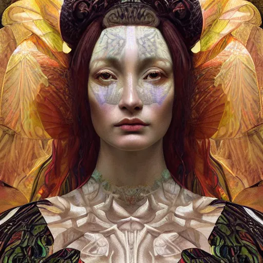 Prompt: a baroque neoclassicist closeup renaissance portrait of a beautiful forest queen with moth wings with iridescent geometric patterns, reflective detailed textures, dark fantasy science fiction painting by diego rivera and jean delville and nicholas roerich and evelyn de morgan, dramatic lighting, gleaming silver and rich colors, artstation, octane render